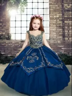 Graceful Blue Lace Up Child Pageant Dress Beading and Embroidery Sleeveless Floor Length