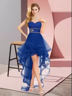 Deluxe Royal Blue Lace Up Bridesmaids Dress Beading Sleeveless High Low