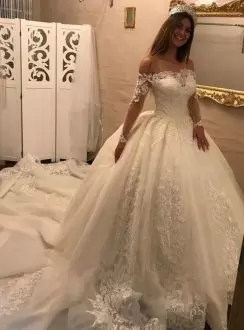 Pretty Ball Gowns Long Sleeves White Wedding Dresses Chapel Train Lace Up