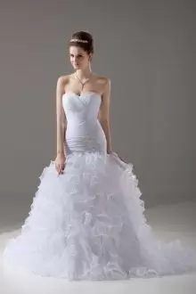 Lovely White Mermaid Beading and Ruffles Wedding Dress Lace Up Organza Sleeveless