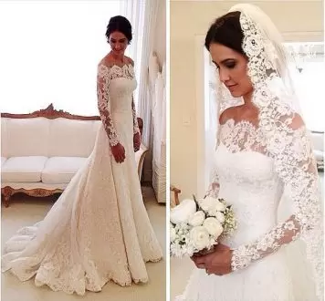 Floor Length A-line Long Sleeves White Wedding Dresses Lace Up