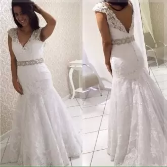 Hot Sale Mermaid Sleeveless White Wedding Dresses Sweep Train Backless