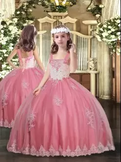 Dazzling Watermelon Red Ball Gowns Tulle Straps Sleeveless Appliques Floor Length Lace Up Pageant Dress for Girls