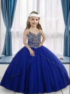 Latest Royal Blue Sleeveless Tulle Lace Up Pageant Gowns for Party and Wedding Party