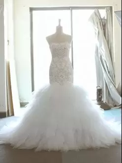 White Wedding Dress Strapless Sleeveless Brush Train Lace Up