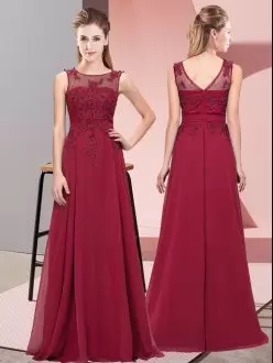Floor Length Zipper Bridesmaid Dress Burgundy for Wedding Party with Beading and Appliques