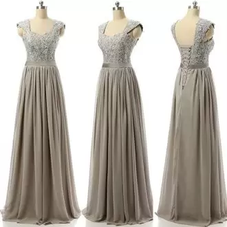 Exquisite Floor Length Grey Wedding Party Dress Chiffon Cap Sleeves Lace