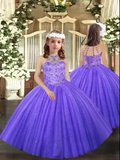 Trendy Tulle Halter Top Sleeveless Lace Up Beading and Ruffles Little Girl Pageant Gowns in Lavender