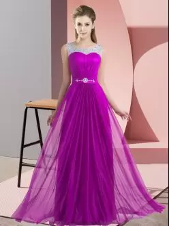 Pretty Purple Sleeveless Floor Length Beading Lace Up Vestidos de Damas Scoop