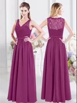 New Arrival Fuchsia Empire V-neck Sleeveless Chiffon Floor Length Side Zipper Lace and Ruching Quinceanera Court of Honor Dress