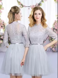 Half Sleeves Mini Length Lace and Belt Zipper Dama Dress for Quinceanera with Grey