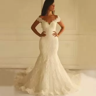 Fashionable White Off The Shoulder Zipper Lace and Appliques Wedding Dresses Court Train Sleeveless