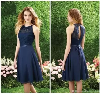 Beautiful Knee Length Backless Bridesmaid Gown Navy Blue for Party and Wedding Party with Lace