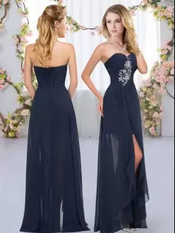 Sleeveless Long Beading and Ruffles Lace Up Dama Dress for Quinceanera in Navy Blue