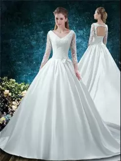 Fitting Chapel Train Ball Gowns Wedding Dresses White V-neck Satin 3 4 Length Sleeve Lace Up