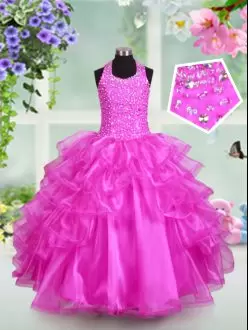 Floor Length Ball Gowns Sleeveless Fuchsia Kids Pageant Dress Lace Up