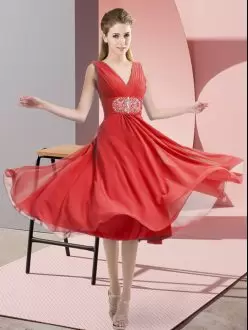 Pretty Coral Red Empire V-neck Sleeveless Chiffon Knee Length Side Zipper Beading Bridesmaid Dresses
