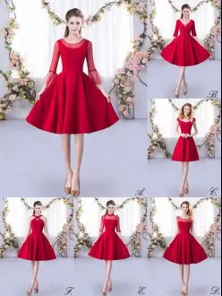 Red Satin Zipper Wedding Guest Dresses 3 4 Length Sleeve Knee Length Ruching