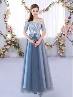 A-line Bridesmaid Dress Blue Off The Shoulder Tulle Short Sleeves Floor Length Lace Up
