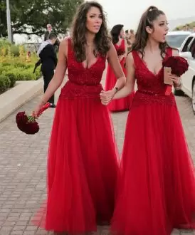 Red Lace Up V-neck Appliques Wedding Party Dress Tulle Sleeveless