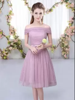 Adorable Belt Bridesmaid Gown Pink Lace Up Short Sleeves Knee Length