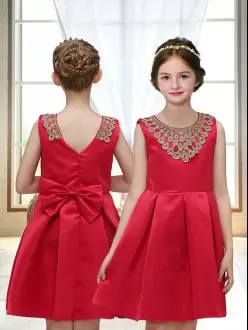 Delicate Red Satin Zipper Scoop Sleeveless Mini Length Flower Girl Dresses for Less Appliques