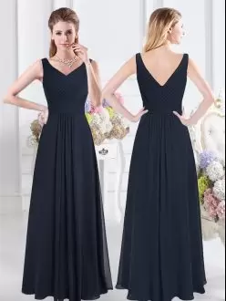 Sleeveless Floor Length Ruching Zipper Wedding Party Dress with Navy Blue