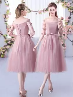 Tulle Off The Shoulder Half Sleeves Lace Up Appliques and Belt Bridesmaid Dress in Pink