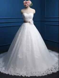 Designer White Wedding Gown Sweetheart Sleeveless Brush Train Lace Up