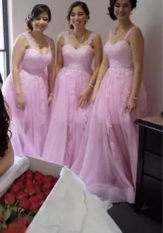 Cheap Pink Straps Neckline Appliques Bridesmaid Dress Sleeveless Lace Up