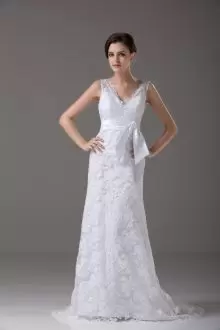 Pretty White Column/Sheath V-neck Sleeveless Lace Brush Train Backless Lace and Belt Wedding Dresses