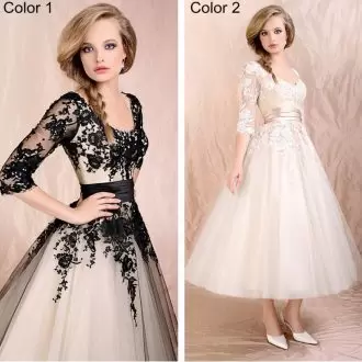Chic Champagne Scoop Neckline Appliques and Belt Wedding Dress Half Sleeves Lace Up