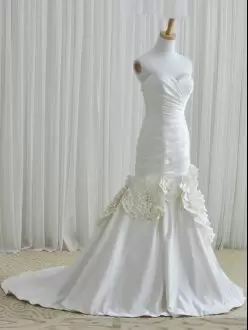 Elegant White Zipper Wedding Gown Ruching and Hand Made Flower Sleeveless Floor Length Brush Train