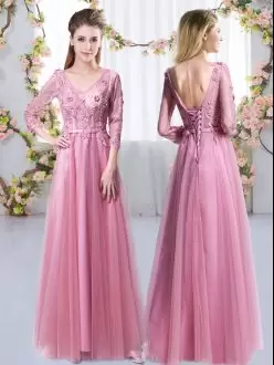 Cute 3 4 Length Sleeve Tulle Floor Length Lace Up Bridesmaid Dresses in Pink with Lace and Appliques