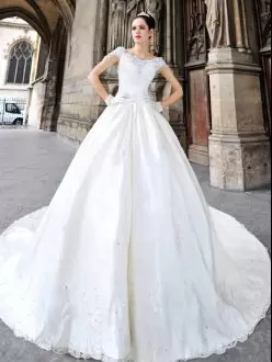 On Sale White Wedding Dress Satin Cathedral Train Cap Sleeves Beading and Lace and Appliques