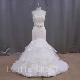 Low Price White Lace Lace Up Wedding Dresses Sleeveless Sweep Train Beading and Appliques and Bowknot and Belt