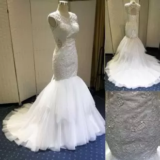 Gorgeous White Lace Up Wedding Dress Beading and Lace Sleeveless With Brush Train