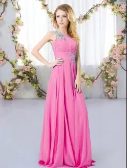 Empire Bridesmaid Dress Rose Pink One Shoulder Chiffon Sleeveless Floor Length Zipper