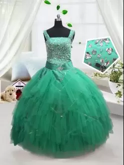 Discount Turquoise Ball Gowns Beading and Ruffles Pageant Dresses Lace Up Tulle Sleeveless Floor Length