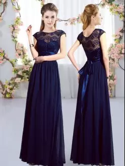 Chiffon Scoop Cap Sleeves Zipper Lace and Belt Wedding Guest Dresses in Navy Blue