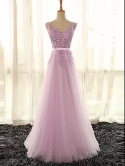 Pretty Lilac Sleeveless Tulle Lace Up Bridesmaids Dress for Prom and Party and Wedding Party