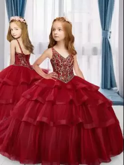 Most Popular Red Sleeveless Sweep Train Beading and Ruffled Layers Floor Length Winning Pageant Gowns