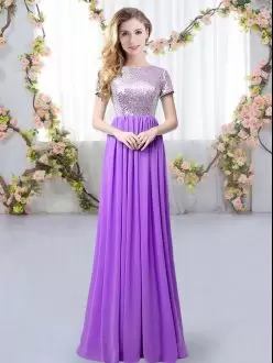 Romantic Purple Wedding Party Dress Prom and Party and Wedding Party with Sequins Scoop Short Sleeves Zipper