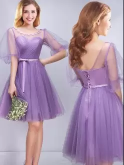 Sexy Tulle Half Sleeves Mini Length Bridesmaid Gown and Appliques and Ruching and Belt