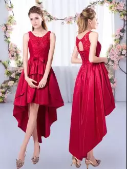 Captivating Red Satin Lace Up Scoop Sleeveless High Low Bridesmaid Gown Appliques