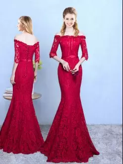 Mermaid Damas Dress Wine Red Off The Shoulder Lace Half Sleeves Floor Length Lace Up