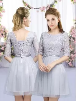 Charming Lace and Belt Bridesmaids Dress Grey Lace Up Half Sleeves Mini Length