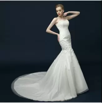 Extravagant White Sleeveless Tulle Sweep Train Lace Up Wedding Dresses for Wedding Party