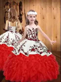 Straps Sleeveless Custom Made Pageant Dress Floor Length Embroidery and Ruffles Red Organza