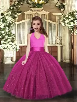 Fuchsia Lace Up Halter Top Ruching Little Girls Pageant Gowns Tulle Sleeveless